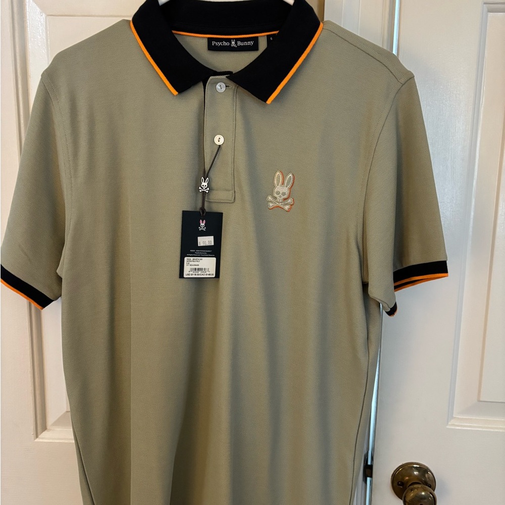 Psycho Bunny Men's Polo Shirt - olive green with navy Trim and collar